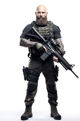 Fototapeta premium Bald bearded brutal mercenary or infantry soldier with sniper rifle isolated on white background