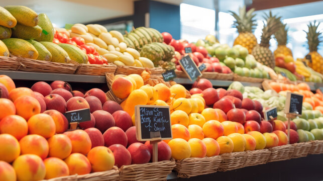 Shelf with ripe fruits on supermarket display