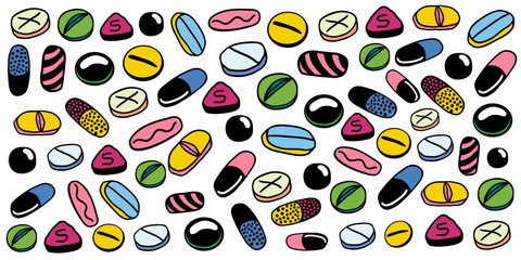 pile of tablet capsule pill in flat style vector. template for print, wallpaper, wrapping, background and banner. illustration on a medical theme