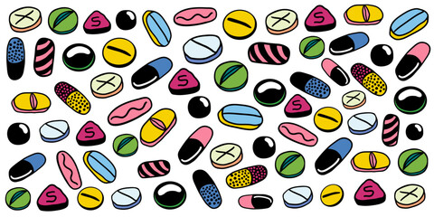 Fototapeta premium pile of tablet capsule pill in flat style vector. template for print, wallpaper, wrapping, background and banner. illustration on a medical theme