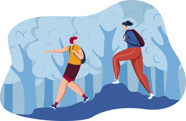 Obraz premium Two people are hiking on a forest trail. Woman with backpack leads man with pink hair on a hike. Adventure and exploration in nature vector illustration.