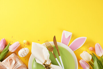 Easter dining table inspiration. Top view shot of plates, cutlery, napkin, bunnies ears, eggs, gift box, tulips and sprinkles on yellow background with empty space for greeting message