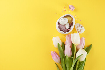 Blossoming joy: Easter celebrations in full bloom. Top view composition of egg-shaped saucer, eggs,...