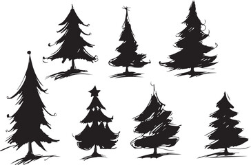 A set of Christmas trees. Hand drawn vector illustration