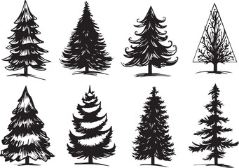 A set of Christmas trees. Hand drawn vector illustration