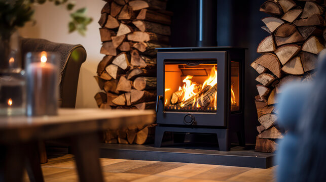 Log burner ablaze with log pile in modern house 