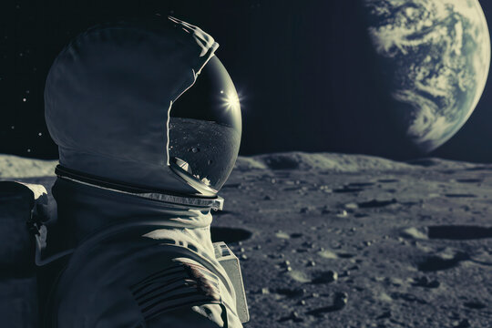 Side profile of Astronaut on the moon with the earth in the distance