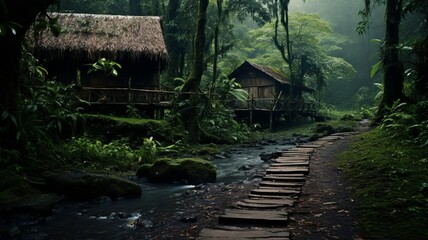 A rustic cabin nestled in the heart of the jungle, with a small wooden bridge leading to its welcoming entrance  -Generative Ai