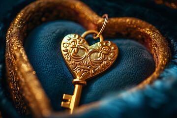 beautiful golden key in the heart shaped blue velvet box