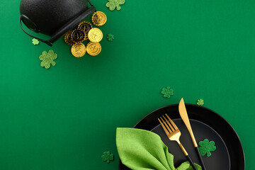 Welcoming St. Patrick's Day at the table. Top view shot of plates, cutlery, green napkin, pot with coins, present, clovers on green background with promo zone - obrazy, fototapety, plakaty