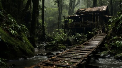 A rustic cabin nestled in the heart of the jungle, with a small wooden bridge leading to its welcoming entrance  -Generative Ai