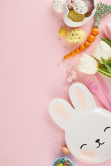 A lovingly prepared Easter feast for children. Top view vertical shot of cute plates, eggs, cutlery, a toy in the shape of a carrot, sprinkles, tulips on pastel pink background with greeting zone