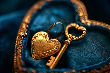 beautiful golden key in the heart shaped blue velvet box
