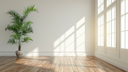 Fototapeta premium empty white room with a wooden floor and a potted plant generative ai