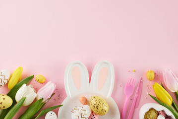 Family-friendly Easter event. Top view photo of bunny shaped plates, eggs, cutlery, flowers, sprinkles on pastel pink background with empty space for greeting text