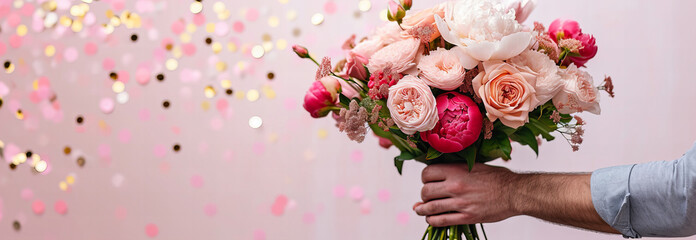 cropped image of a man’s arm holds out a beautiful bouquet of roses, peonies and ranunculuses isolated on light pink pastel background with round golden and pink blurred confetti  - obrazy, fototapety, plakaty