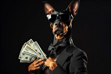bossy doberman wearing a black sunglasses and suit holds out a blurred bunch of money isolated on black background - obrazy, fototapety, plakaty