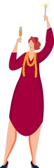 Fototapeta premium Woman in red dress celebrating with champagne and sparkler. Caucasian female toasting, New Year's Eve festivity mood. Celebration and party concept vector illustration.