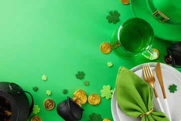 Irish celebration table arrangement. Top view shot of plates, cutlery, napkin, leprechaun hat, pint...