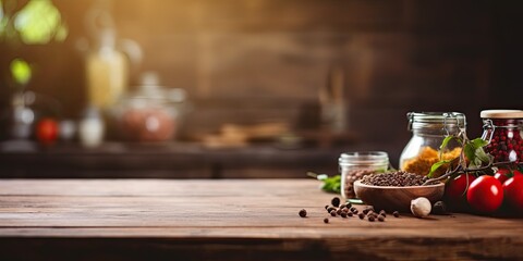 Blurred background with a wooden kitchen table and food ingredients. - obrazy, fototapety, plakaty