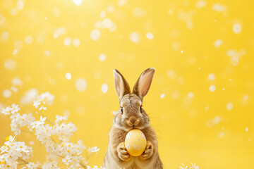 Fototapeta premium cute brown bunny holds out a yellow easter egg isolated on light pastel yellow background with floral confetti