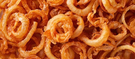 Fried onion bits. Overhead perspective.