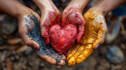 Hands of a young woman holding a red heart in the mud, Black History Month.