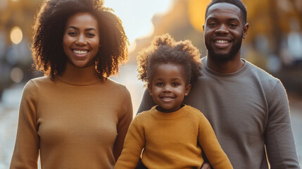 Happy african american family looking at camera while walking in city