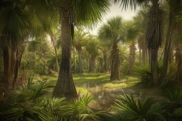 Fototapeta na wymiar Illustration of lush Everglades palms in a tropical setting. Generative AI