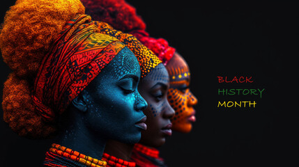 Beautiful african women with traditional headdress on black background. Black History Month.