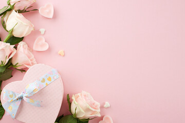 Love in the air: embracing Valentine's day bliss. Top view composition of heart-shaped gift box, natural roses, hearts on pastel pink background with promo zone