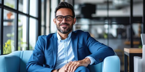 Handsome executive man dressed in trendy blue suit