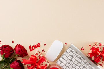 Valentine's Day online gifting guide. Top view photo of keyboard, computer mouse, present boxes, red roses, hearts on beige background with advert space