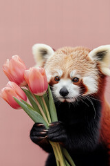 Obraz premium cute red panda holds out a pastel tulips isolated on dusty pink background with copy space