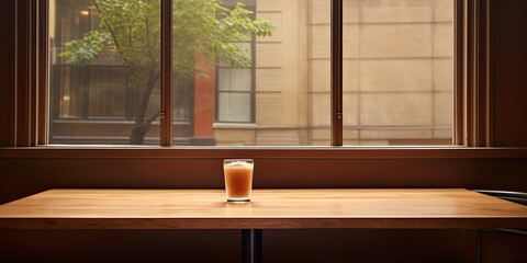 Product backdrop featuring a dim, hazy setting with an unoccupied table and cafe windows.