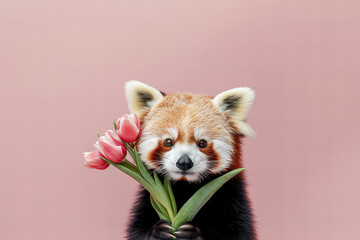cute red panda holds out a pastel tulips isolated on dusty pink background with copy space