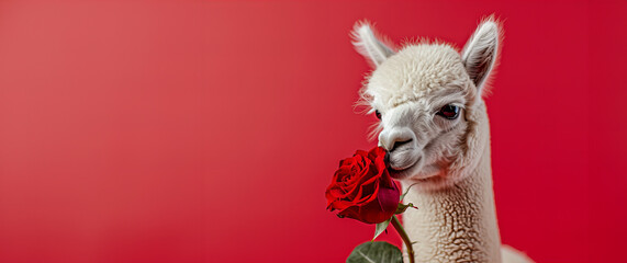 cute white alpaca holds out a red rose isolated on red background with copy space