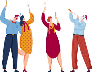 Four people celebrating with sparklers and champagne glasses. Diverse joyful cartoon adults at a party. Festive mood and New Year's Eve vector illustration.