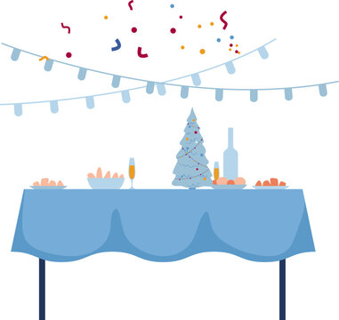 Festive holiday table setup with confetti. Christmas dinner table with tree, champagne, and bottles. Celebrating Christmas and New Year's Eve vector illustration.