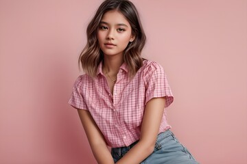 Fototapeta premium A girl wearing check shirt posing with plain background 
