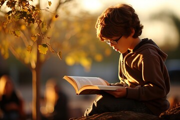 Captivating photo. young boy deeply engrossed in a captivating book on a beautiful sunny afternoon