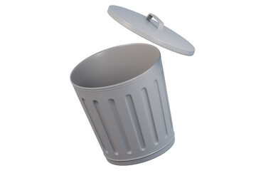 3D open gray trash floating icon isolated on pink pastel background, environment concept, waste. minimal cartoon.3D Rendering. Banner, a place for text, copy space.