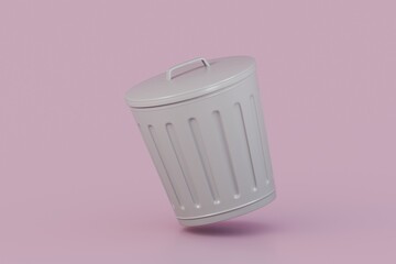 3D open gray trash floating icon isolated on pink pastel background, environment concept, waste. minimal cartoon.3D Rendering. Banner, a place for text, copy space.