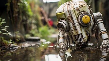 A saddened robot, weathered and worn, gazing at its own reflection in a pool of rainwater amidst the ruins of a factory  -Generative Ai