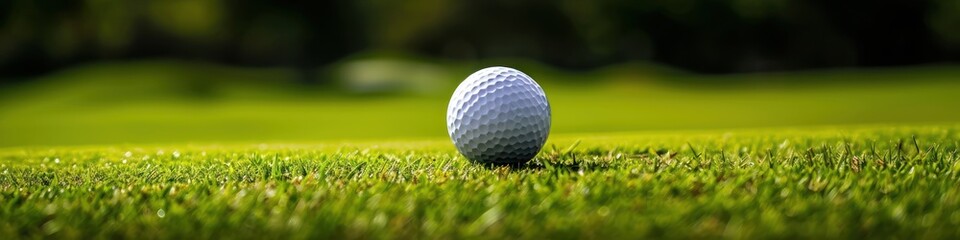 Obraz premium Close up of a golf ball on the green grass. Banner