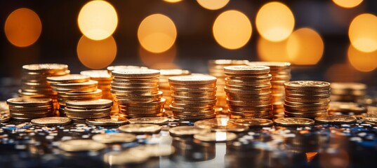 Blurred bokeh effect with blockchain and cryptocurrency symbols in finance inspired design