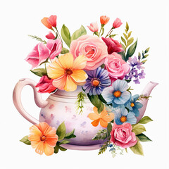 water color bouquet of flowers in a tea pot clip art 