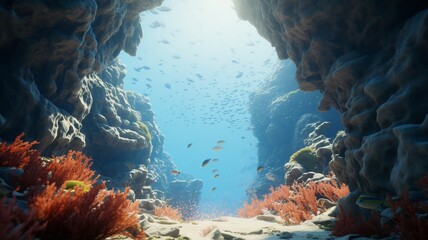 A school of tropical fish swimming in perfect unison through a coral arch, creating a mesmerizing underwater spectacle  -Generative Ai