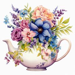 water color bouquet of flowers in a yea pot clip art 