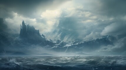A seamless blend of mountain and glacier, where icy slopes merge with craggy summits under a cloud-streaked sky  -Generative Ai